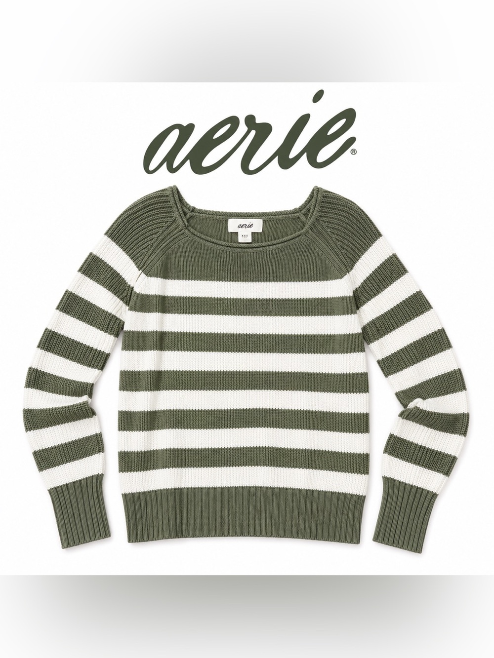 Aerie Olive Green Ivory Striped Knit Sweater Women’s XXS
